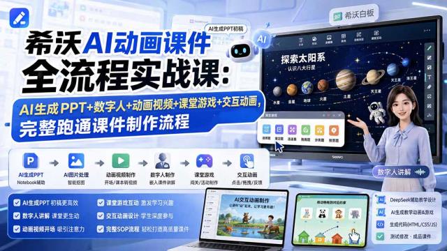 希沃AI动画课件全流程实战课：AI生成PPT数字人动画视频课堂游戏交互动画，完整跑通课件制作流程