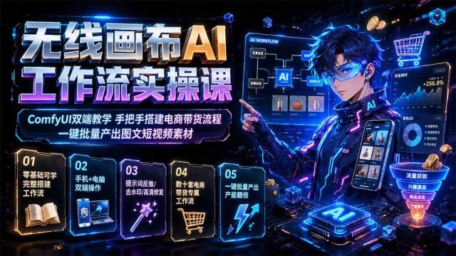 无线画布AI工作流实操课｜ComfyUI双端教学，手把手搭建电商带货流程，一键批量产出图文短视频素材
