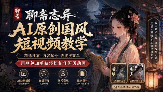 聊斋志异AI原创国风短视频教学-更新；精选独家内容起号收徒接商单，用豆包加剪映轻松制作国风动画