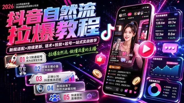 抖音自然流拉爆教程-更新8月：做懂流量的主播，新规适配持续更新，话术投放起号一站式实战教学