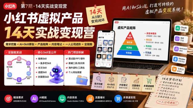 小红书虚拟产品14天实战变现营-第7期：需求挖掘×AISkill原创×产品矩阵×内容笔记×一人公司进阶×全链路