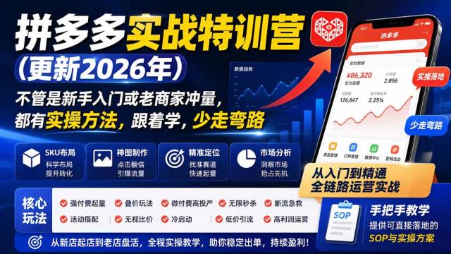 拼多多实战特训营(更新26年0827)：不管是新手入门或老商家冲量，都有实操方法，跟着学，少走弯路