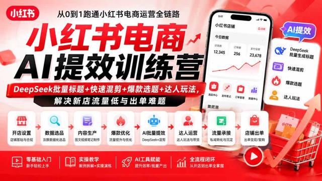 小红书电商AI提效训练营—DeepSeek批量标题快速混剪爆款选题达人玩法，解决新店流量低与出单难题