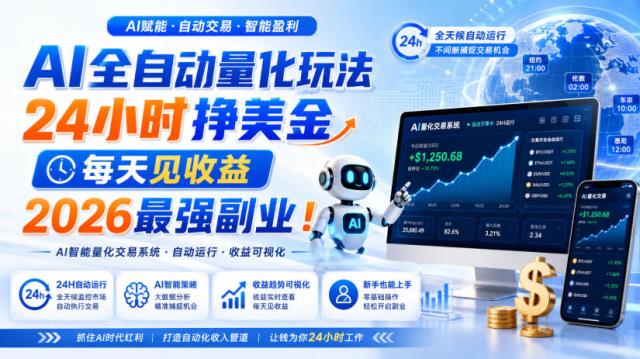 AI量化全自动操作挣美金，矩阵可日入1000，适合普通人的副业！