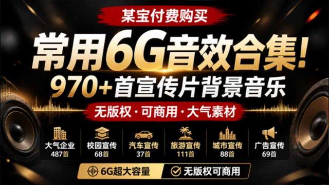 某宝付费购买，常用6G音效合集！970首宣传片背景音乐，无版权可商用大气素材，分类清晰，高质量内容