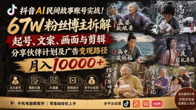抖音AI民间故事账号实战！67W粉丝博主拆解起号、文案、画面与剪辑，分享伙伴计划及广告变现路径，月入10000