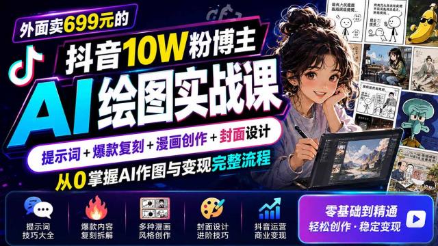 外面卖699元的抖音10W粉博主AI绘图实战课：提示词爆款复刻漫画创作封面设计，从0掌握AI作图与变现完整流程
