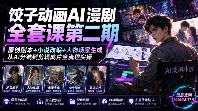 饺子动画AI漫剧全套课第二期：原创剧本小说改编人物场景生成，从AI分镜到剪辑成片全流程实操