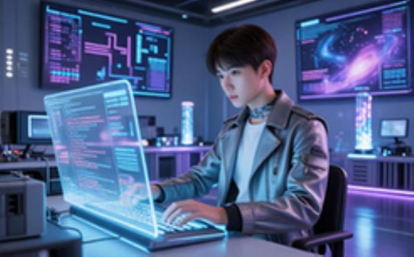 AI工程师适用未来深夜全息屏前工作场景素材图片资料