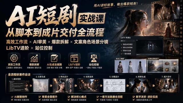 AI短剧实战课：高效工作流×AI审美×爆款拆解×文案角色场景分镜×LibTV进阶×站位控制×从脚本到成片交付全流程