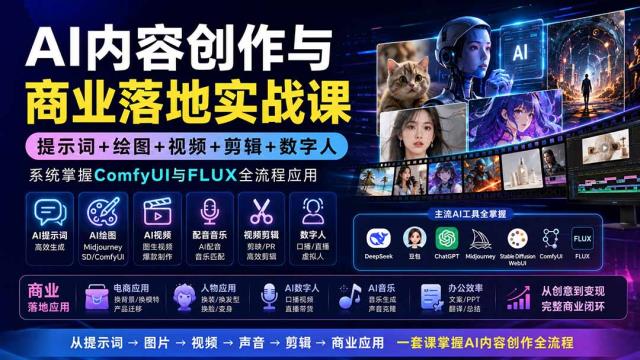 AI内容创作与商业落地实战课：提示词绘图视频剪辑数字人，系统掌握ComfyUI与FLUX全流程应用