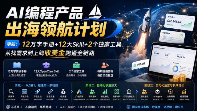 AI编程产品出海领航计划-更新：12万字手册12大Skill2个独家工具，从找需求到上线收美金跑通全链路