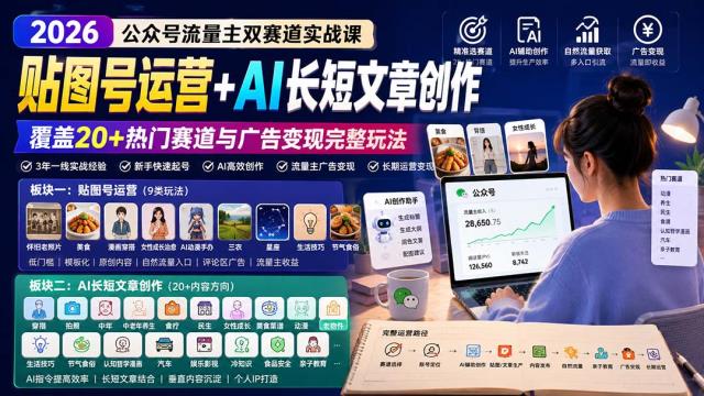 公众号流量主双赛道实战课：贴图号运营AI长短文章创作，覆盖20热门赛道与广告变现完整玩法