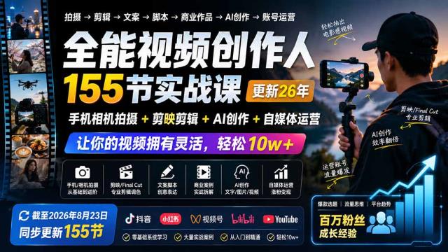 全能视频创作人155节实战课-更新26年8月：手机相机拍摄剪映剪辑AI创作自媒体运营，让你的视频拥有灵活，轻松10w