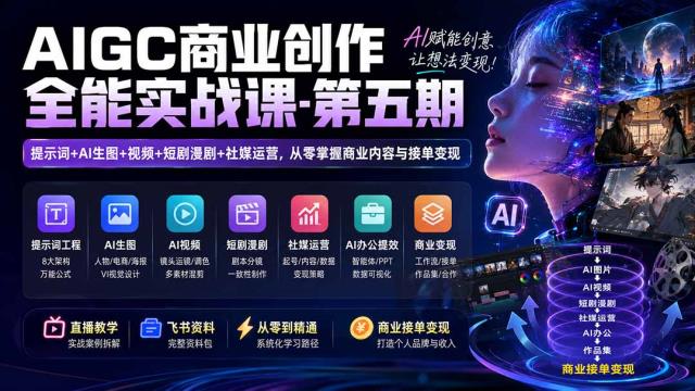 AIGC商业创作全能实战课-第五期：提示词AI生图视频短剧漫剧社媒运营，从零掌握商业内容与接单变现