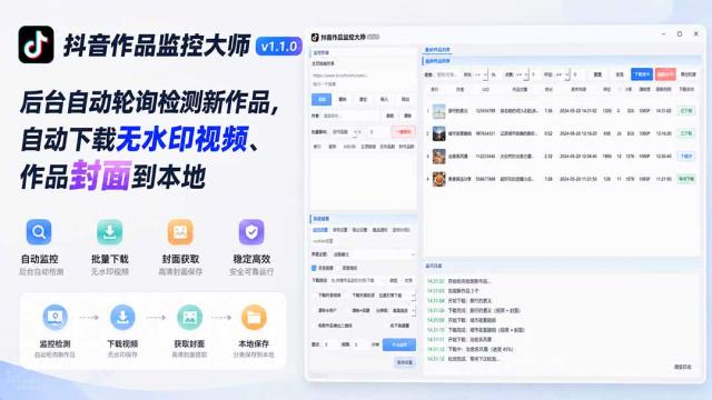抖音作品监控大师v1_1_0：后台自动轮询检测新作品，自动下载无水印视频、作品封面到本地