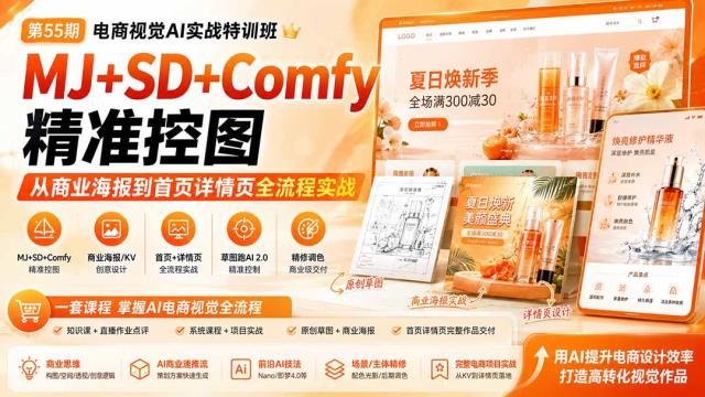 电商视觉 AI实战训练营第55期：MJSDComfy精准控图，从商业海报到首页详情页全流程实战
