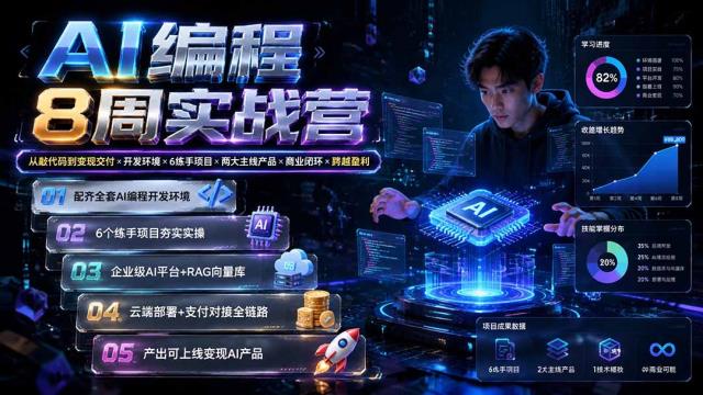 AI编程8周实战营：从敲代码到变现交付×开发环境×6练手项目×两大主线产品×商业闭环×跨越盈利