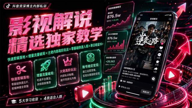 影视解说精选独家教学：快速剪辑落地×增量流量破局×大佬内部高阶玩法×零基础快速入局×单日收益1K