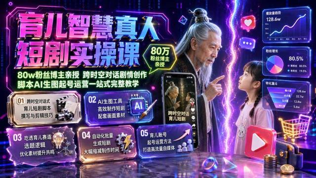 育儿智慧真人短剧实操课｜80w粉丝博主亲授，跨时空对话剧情创作，脚本AI生图起号运营一站式完整教学
