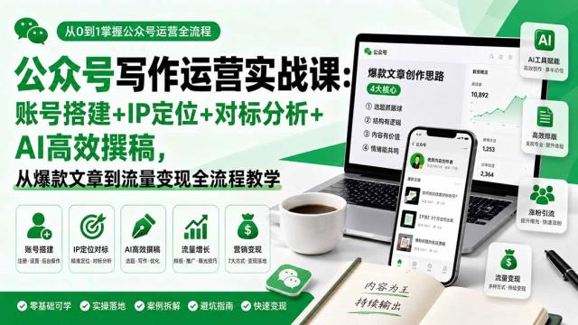 公众号写作运营实战课：账号搭建IP定位对标分析AI高效撰稿，从爆款文章到流量变现全流程教学