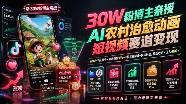 30W粉博主亲授AI农村治愈动画短视频赛道变现：60条作品起号×单条涨粉1W×极易进精选伙伴计划，稳定收益×日入400