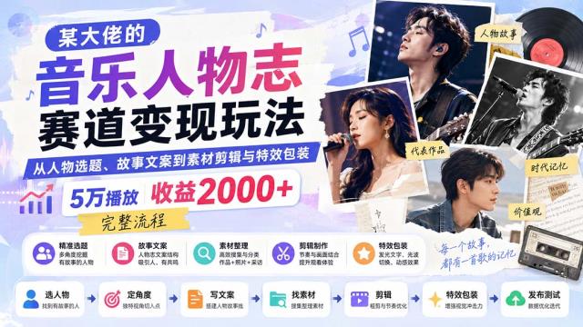 某大佬的音乐人物志赛道变现玩法：从人物选题、故事文案到素材剪辑与特效包装，5万播放收益2000完整流程