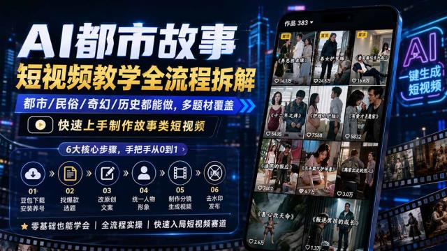 AI都市故事短视频教学全流程拆解；都市_民俗_奇幻_历史都能做多题材覆盖，快速上手制作故事类短视频