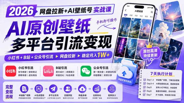 2026网盘拉新AI壁纸号实战课：AI原创壁纸小红书B站公众号引流，手机即可操作，月入1W