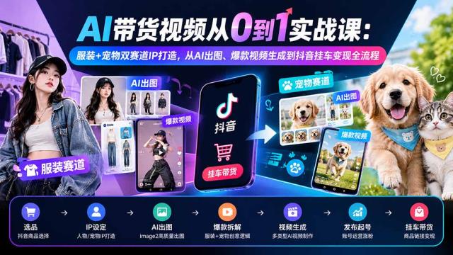 AI带货视频从0到1实战课：服装宠物双赛道IP打造，从AI出图、爆款视频生成到抖音挂车变现全流程