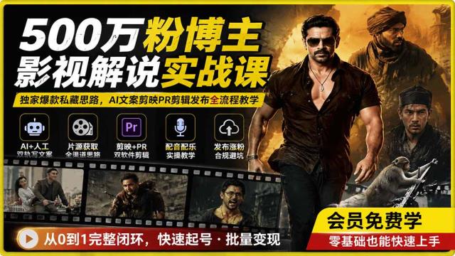 500万粉博主影视解说实战课｜独家爆款私藏思路，AI文案剪映PR剪辑发布全流程教学