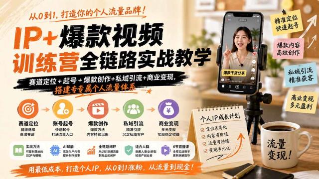 IP爆款视频训练营全链路实战教学；赛道定位起号爆款创作私域引流商业变现，搭建专属个人流量体系