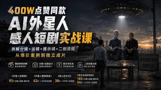 400W点赞同款AI外星人感人短剧实战课：拆解分镜运镜提示词二创流程，从爆款案例到独立成片