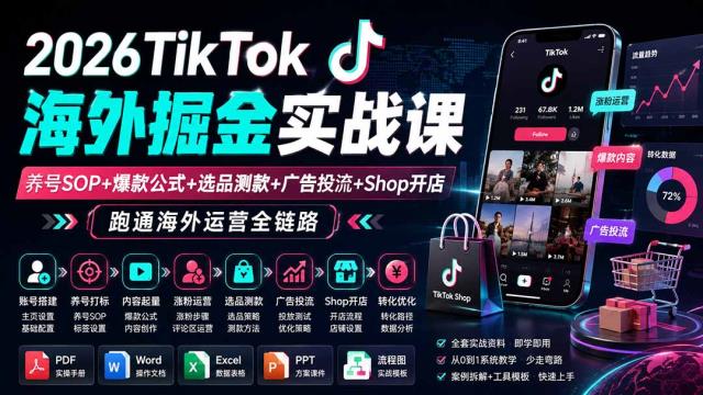 2026TikTok海外掘金实战课——养号SOP爆款公式选品测款广告投流Shop开店，跑通海外运营全链路
