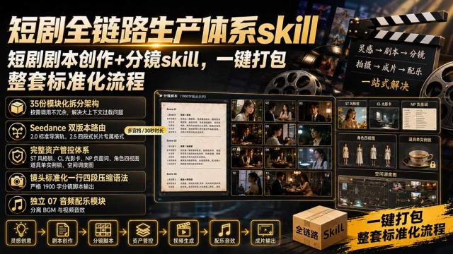 短剧全链路生产体系skill，短剧剧本创作分镜skill，一键打包，整套标准化流程