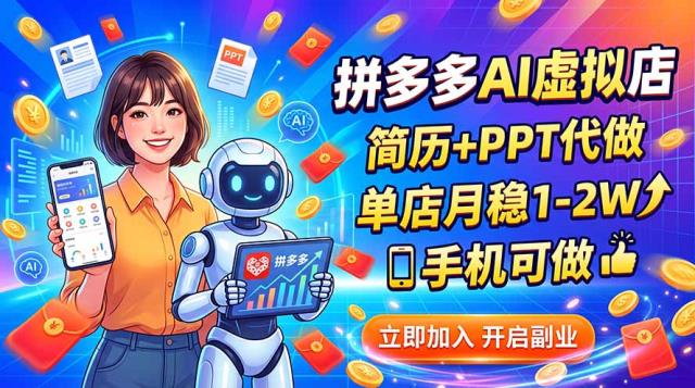 拼多多AI虚拟店，简历PPT代做，单店月稳1-2W，手机可做