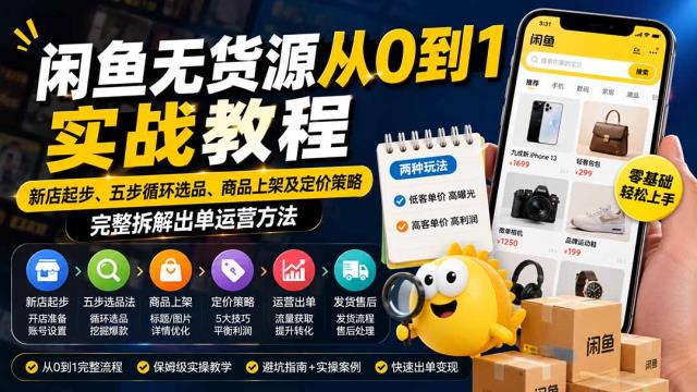 闲鱼无货源从0到1实战教程——新店起步、五步循环选品、商品上架及定价策略，完整拆解出单运营方法