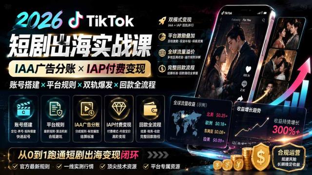 2026TikTok短剧出海实战课：IAA广告分账×IAP付费变现×账号搭建×平台规则×双轨爆发×回款全流程