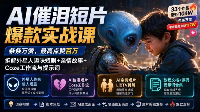 AI催泪短片爆款实战课：条条万赞，最高点赞百万，拆解外星人趣味短剧亲情故事Coze工作流与提示词