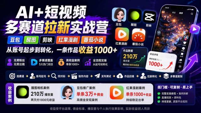 AI短视频多赛道拉新实战营：豆包醒图剪映红果漫剧番茄小说，从账号起步到转化，一条作品收益1000