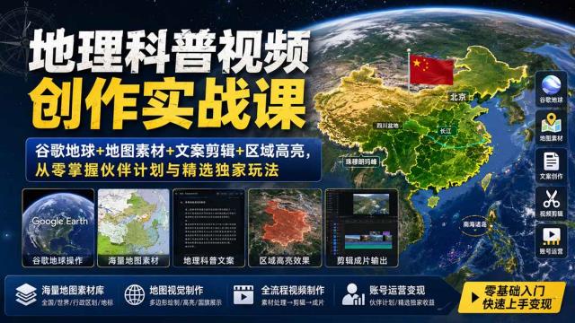 地理科普视频创作实战课：谷歌地球地图素材文案剪辑区域高亮，从零掌握伙伴计划与精选独家玩法