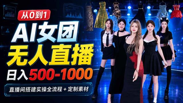 AI 女团无人直播，躺入500-1000每天，直播间搭建实操全流程定制素材