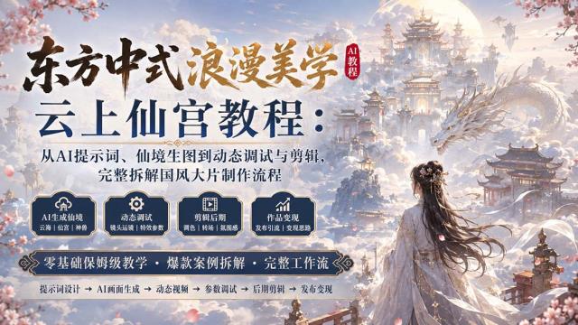 东方中式浪漫美学云上仙宫教程：从AI提示词、仙境生图到动态调试与剪辑，完整拆解国风大片制作流程