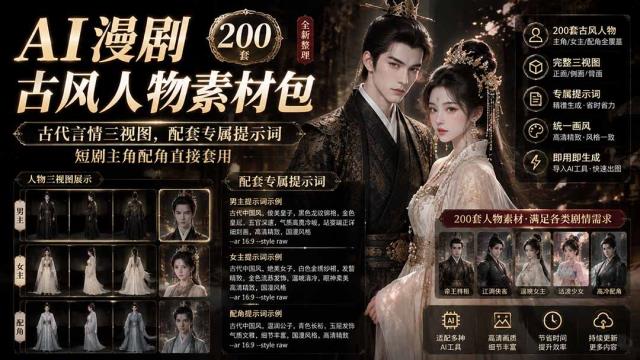 AI漫剧古风人物素材包提示词｜200套古代言情三视图，配套专属提示词短剧主角配角直接套用