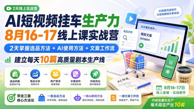 AI短视频挂车生产力8月16-17线上课实战营：2天掌握选品方法AI使用方法文案工作流，建立每天10篇高质量剧本生产线