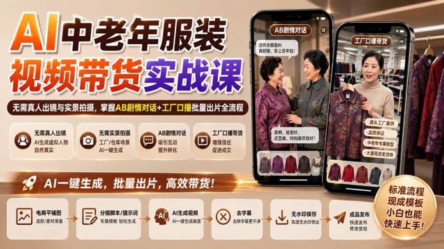 AI中老年服装视频带货实战课：无需真人出镜与实景拍摄，掌握AB剧情对话工厂口播批量出片全流程