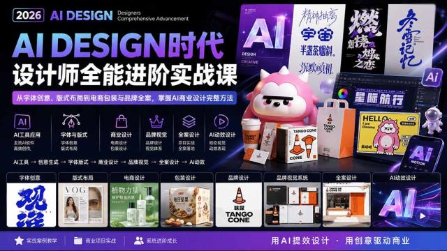 2026AI DESIGN时代设计师全能进阶实战课：从字体创意、版式布局到电商包装与品牌全案，掌握AI商业设计完整方法