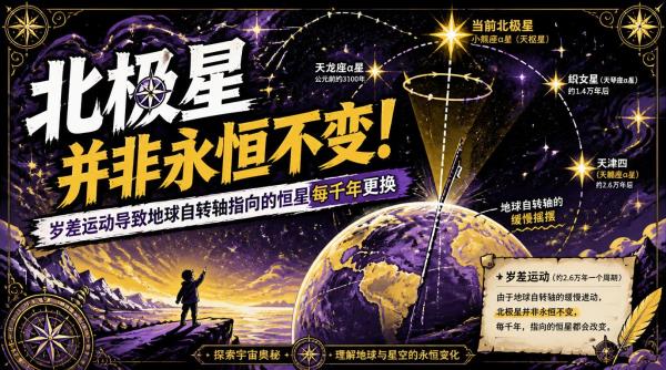北极星并非永恒不变，岁差运动导致地球自转轴指向的恒星每千年更换