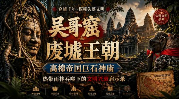 吴哥窟废墟王朝：高棉帝国巨石神庙，热带雨林吞噬下的文明兴衰启示录