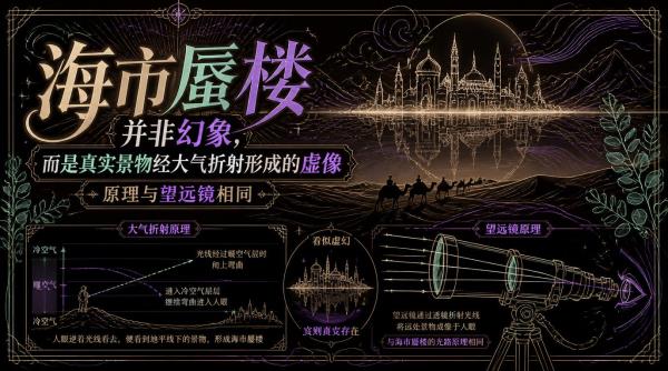 海市蜃楼并非幻象，而是真实景物经大气折射形成的虚像，原理与望远镜相同